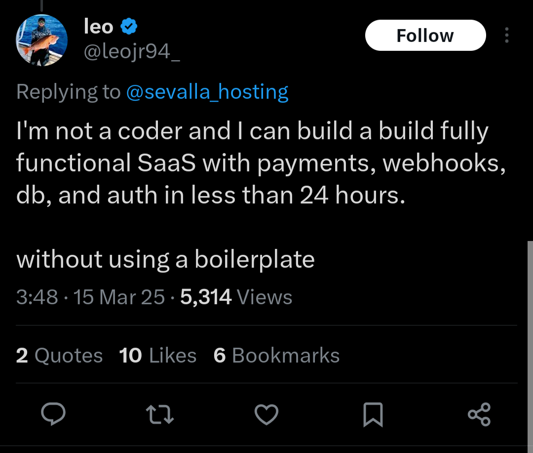 A tweet of a person claiming to have built their entire SaaS using solely Cursor and vibe coding (A man sowing, as it were). Full text: "I'm not a coder and I can build a fully functional SaaS with payments, webhooks, db and auth in less than 24 hours without using a boilerplate"